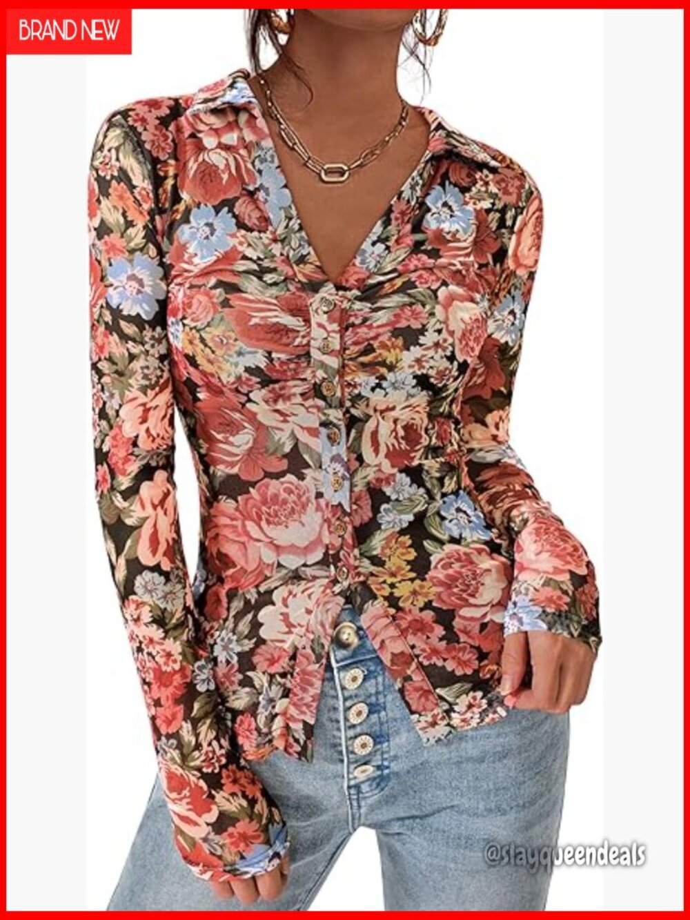 Floral Mesh Button Down Blouse Long Sleeve V Neck Slim Fit Boho Top